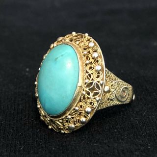 Vintage Chinese Export Gilt Silver Filigree Turquoise Adjustable Ring