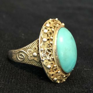 Vintage Chinese Export Gilt Silver Filigree Turquoise Adjustable Ring 2