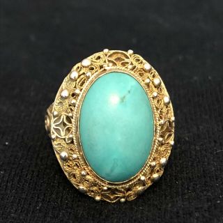 Vintage Chinese Export Gilt Silver Filigree Turquoise Adjustable Ring 3
