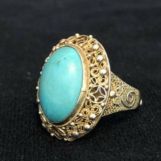 Vintage Chinese Export Gilt Silver Filigree Turquoise Adjustable Ring 4