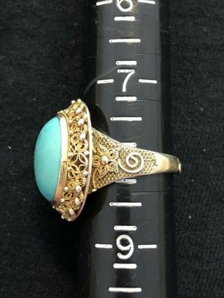 Vintage Chinese Export Gilt Silver Filigree Turquoise Adjustable Ring 5