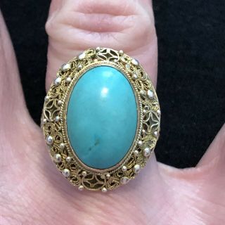 Vintage Chinese Export Gilt Silver Filigree Turquoise Adjustable Ring 6