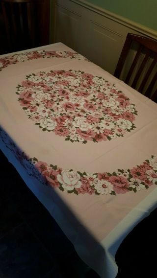 Pretty Pinks Garden Vintage Cotton Tablecloth - No Issues,  47x54 Inches