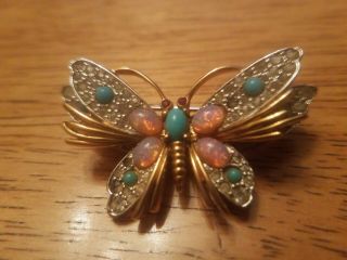 Vintage Jomaz Butterfly Brooch Pin Figural W Faux Opals Turquoise Garnet