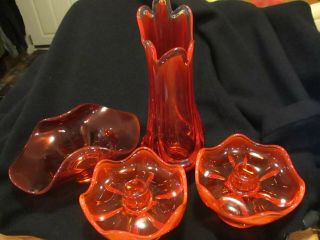 Vintage Viking Art Glass Stretch Swung Orange Ruby 3 Drape Vase Bowl Candlestick