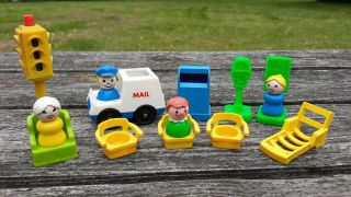 Vintage Fisher Price Little People Mail Truck - Man - Box - Phone - Meter - Stop Light - Etc