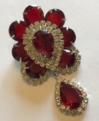 Vintage Juliana Red And Clear Rhinestone Danging Brooch