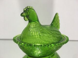 Vtg.  Indiana Green Depression Glass Hen On Beaded Nest 2 Piece Covered Dish 7 "