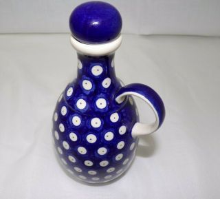 Vintage Wiza Poland Ceramic Cruet Bottle W/ Lid Hand Painted Blue/ White