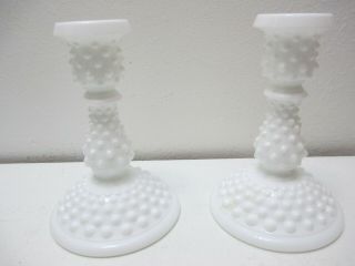 Vintage Fenton Glass Candle Stick Holders Pair Milk Glass Hobnail 5 3/4 " Tall