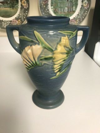 Vintage 8 1/2 " Roseville Pottery 121 - 8 Blue Freesia Vase