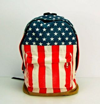Vtg.  80s Usa Flag Patriotic Leather Suede Bottom Backpack Day Pack School Book.