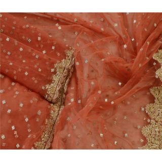 Sanskriti Vintage Dupatta Long Stole Net Mesh Peach Veil Hand Beaded Scarves 3
