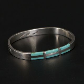 Vtg Sterling Silver - Mexico Taxco Turquoise Inlay 6.  75 " Hinge Bracelet - 27.  5g