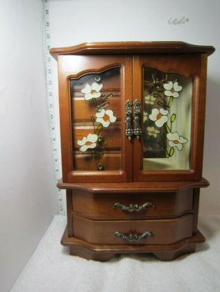 Vintage Wood Jewelry Box Armoire Chest Stained Glass Door Necklace Hanger Mirror