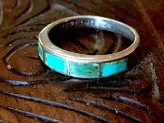 Vintage Zuni 925 Sterling Silver Turquoise Inlay Band Ring Size 6,  2.  6g Signed