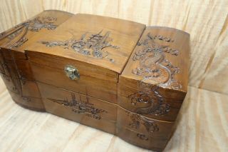 Vintage Asian Oriental Dragon Carved Wood 5 Drawer Jewelry Box 18x8x9