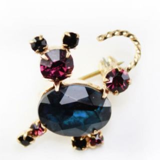 Kitty Cat Pin Brooch Vintage Purple Blue Black Rhinestones Gold Tone Adorable