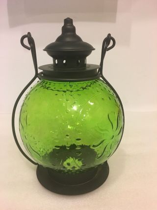 Vintage green globe shade candle holder lantern lamp light,  table centerpiece. 3