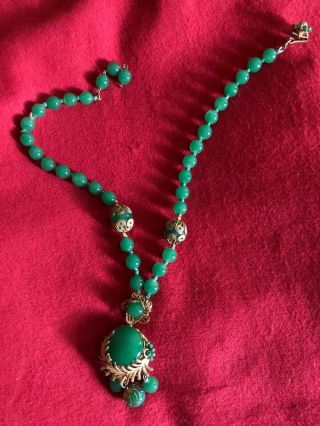 Vintage Signed Miriam Haskell Jade Green Glass Bead Necklace Goldtone 16”