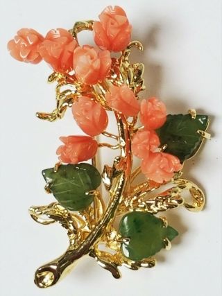 Vintage Hand Carved Coral Roses Nephrite Jade Leaves Brooch