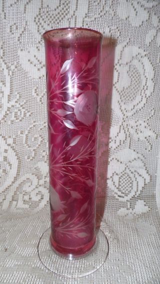 Vintage Tall Cranberry Glass Vase With Etched Floral Roses Leaves Design