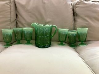 Vintage Mosser Cherry Green Glass Pitcher Cup Set