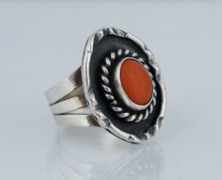 Signed Native American Sterling Silver Red Coral Ring Vintage