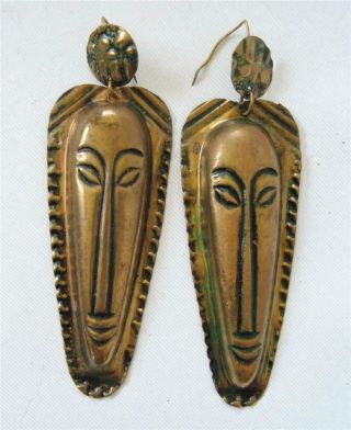Vintage Long Tribal Mask Earrings Stamped Brass 3 3/4 " Gold Tone Light Wire 80 