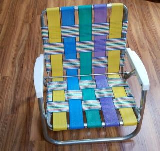 Vtg Aluminum Low Beach Pool Folding Chairs Nylon Webbing - Multicolored