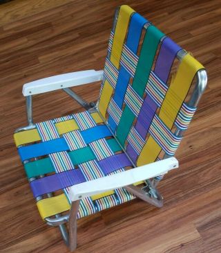 Vtg Aluminum Low Beach Pool Folding Chairs Nylon Webbing - Multicolored 2