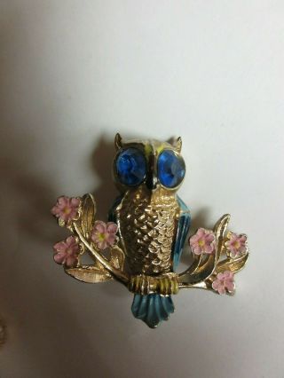 Vtg Pat Pend Coro 1948 Book Piece Enamel Blue Rhinestone Owl Brooch