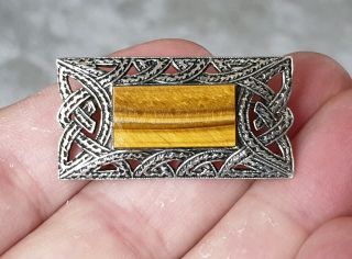 Vintage Hallmarked Miracle Jewellery Scottish Tigers Eye Silver Plaid Brooch Pin