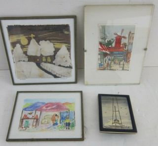 Set Of 4 Miniature Vintage Watercolor Paintings Signed Framed Vary 2x2.  5 To 4x4