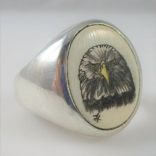 Scrimshaw Eagle Ring Vintage Sterling Silver Signed 9.  3g | Size 10.  5