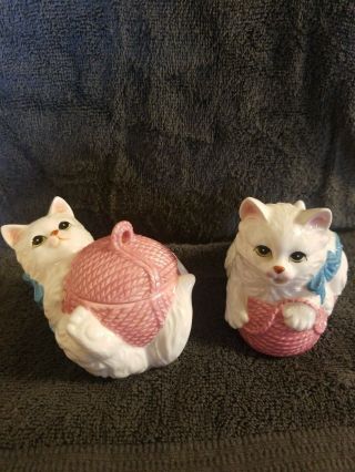 Vintage Sugar Bowl & Creamer Kitten Set With Pink Yarn Ball Blue Bow White Cats