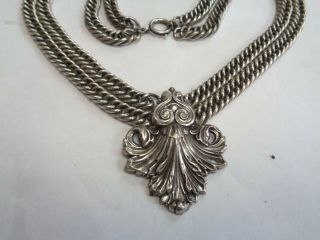 Vintage Signed Germany Heavy 2 Chain Silver Tone Fleur De Lis Pendant Necklace