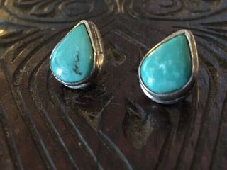 Vintage Navajo 925 Sterling Silver Teardrop Shaped Turquoise Stud Earrings 4.  8g