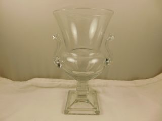 Vintage Clear Duncan Miller Grecian Urn Vase Square Foot Curled Up Handles