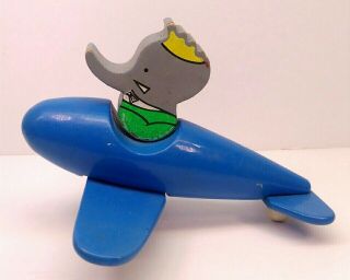 Vintage Vilac Babar The Elephant In Blue Airplane Wooden Toy Made In France