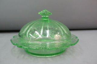 Vintage Green Depression Glass Cherry Blossom Pattern Butter Dish