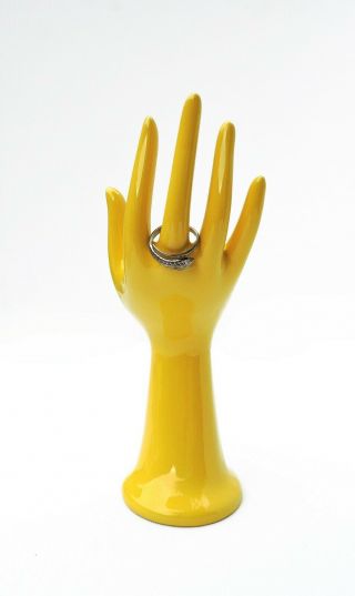 French Vintage 1970s Yellow Ceramic Hand Flowers Vase Ring Brush Holder Art Pot