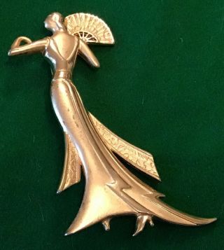 Vintage Signed Jj Jonette Jewellery Gold Tone Art Deco Lady With Fan - Stunning