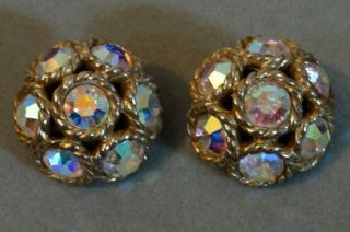 Lovely Vintage Sarah Coventry Cluster Ab Clear Rhinestone Clip On Earrings