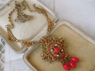 Stunning Vintage 1950s Red Glass Drop Seed Pearl Necklace