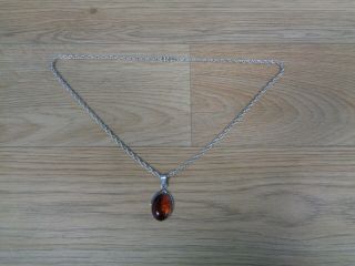 Ladies Vintage Sterling Silver 925 Necklace With Amber Pendant 20 " Rope Chain