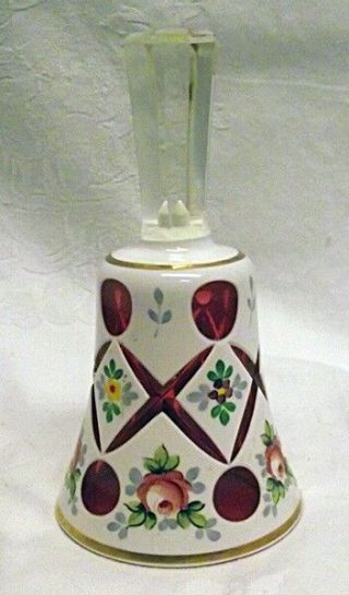 Vtg Bohemian Glass Bell White Cut To Ruby Red Hand Painted Flowers