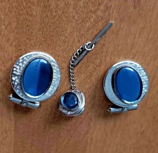 Vintage Destino Signed Cufflinks Blue Art Glass Textured Silver Tone Set
