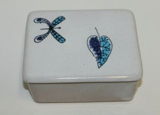 Vintage Glidden 224 Pottery Covered Trinket Box / Dish; Blue Butterfly Leaf Mcm