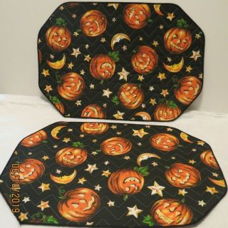 Set Of 4 Vntg Halloween Pumpkin Moon Stars Black Cloth Placemats Double Sided